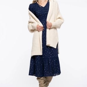 BY THE RIVER Blue & Gold Polkadot V-Neck Tiered Midi Dress